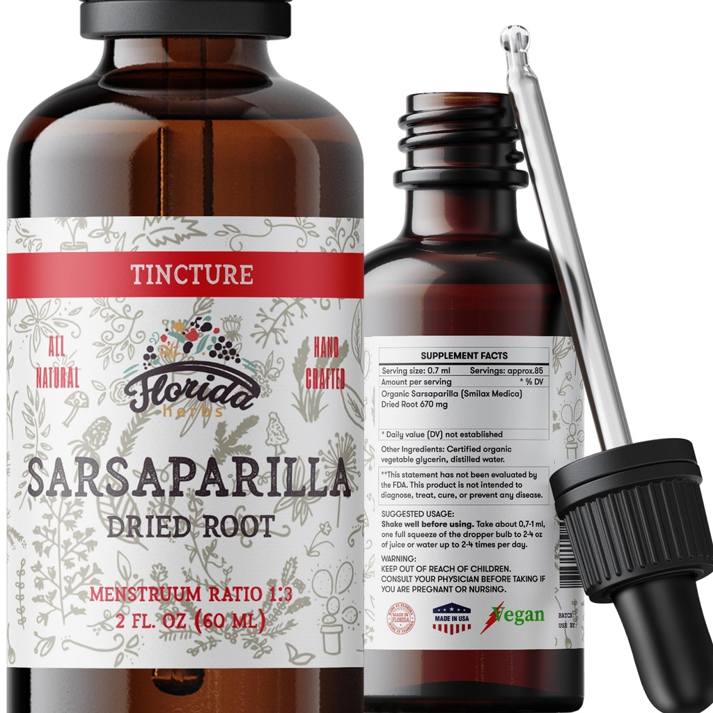 Sarsaparilla Tincture、有機サルサパリヤエキス(Smilax Medica)ドライルート、コールドプレスオーガニック野菜グリセリン2オンス、670mg