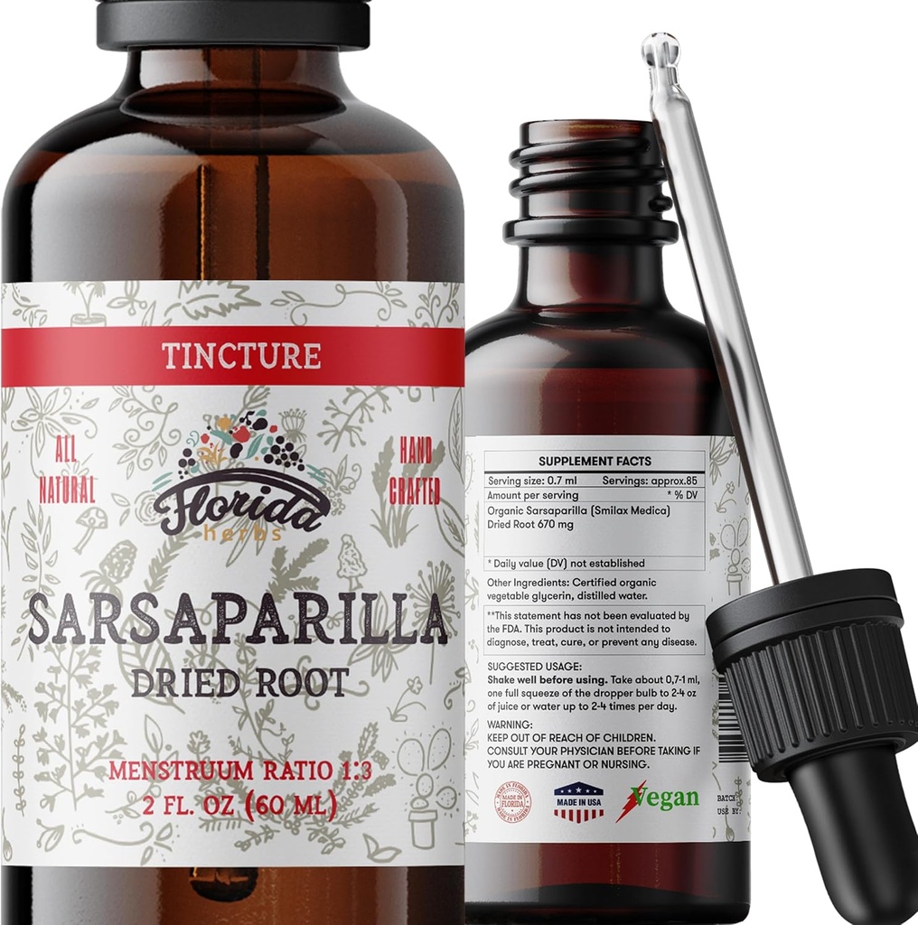 Sarsaparilla Tincture、有機サルサパリヤエキス(Smilax Medica)ドライルート、コールドプレスオーガニック野菜グリセリン2オンス、670mg