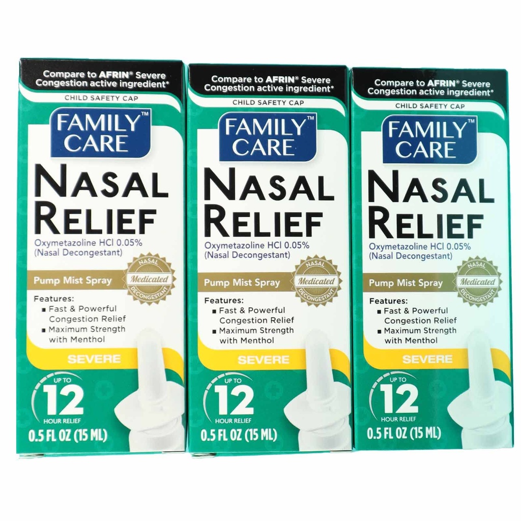 FamilyCare鼻の救助のスプレー、ポンプの霧、反滴り、重度の混雑、(Oxymetazoline HCI) 12時間、3パック