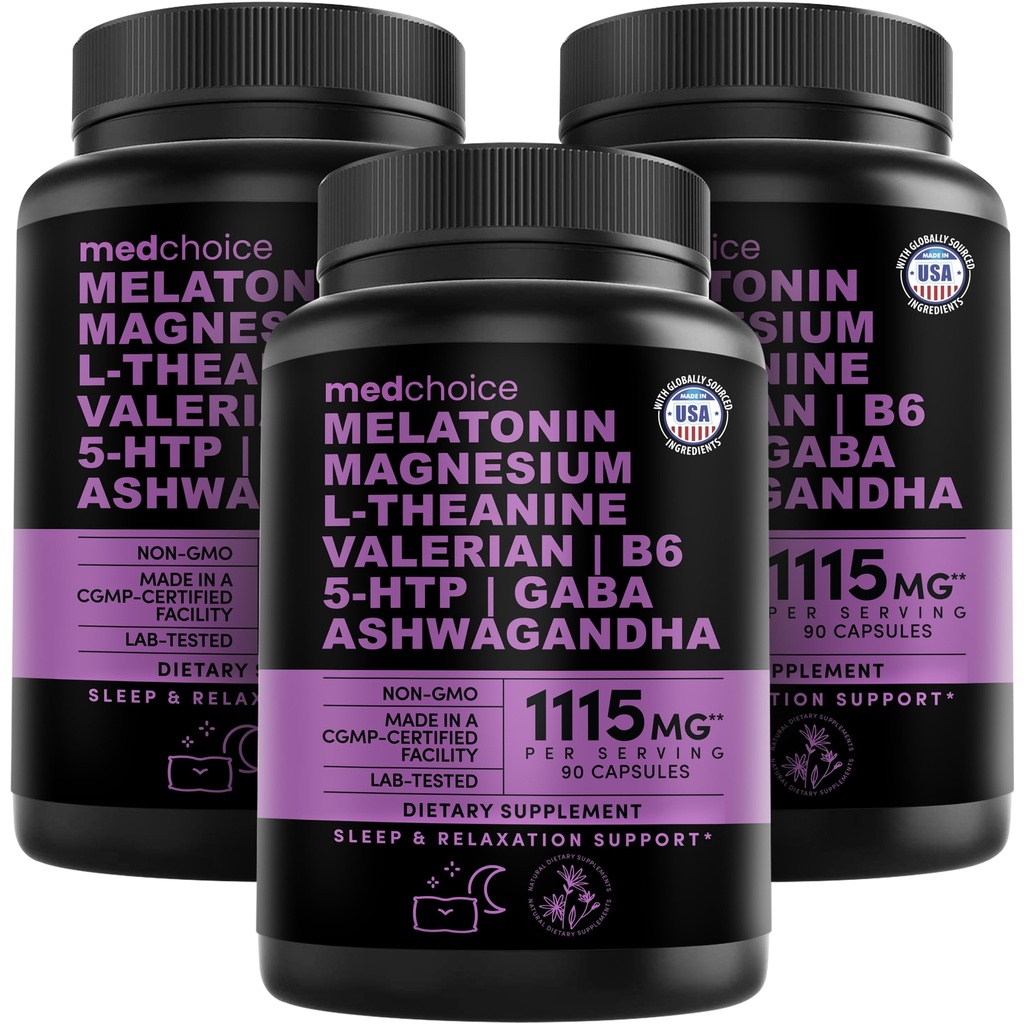 12-in-1メラトニン睡眠カプセル - メラトニン5mgとマグネシウムGlycinate 500mg、Ashwagandha、Lテアニン、Valerian Root、GABA、5-HTP(90ct、パック3)と睡眠補助金