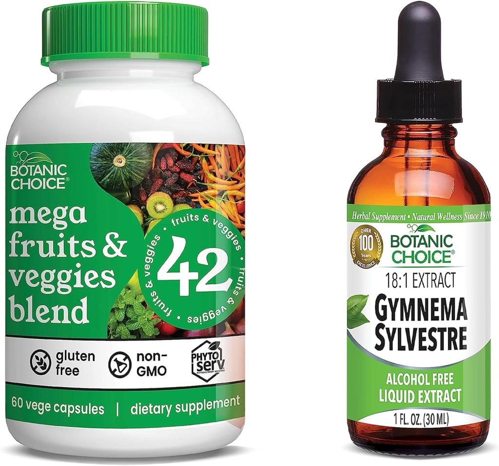 Botanic Choice Mega Fruits and Veggies Blend (60 Capsules) + Gymnema Sylvestre Extract (1 fl oz) Bundle - Energy Balance & Superfood Supplement