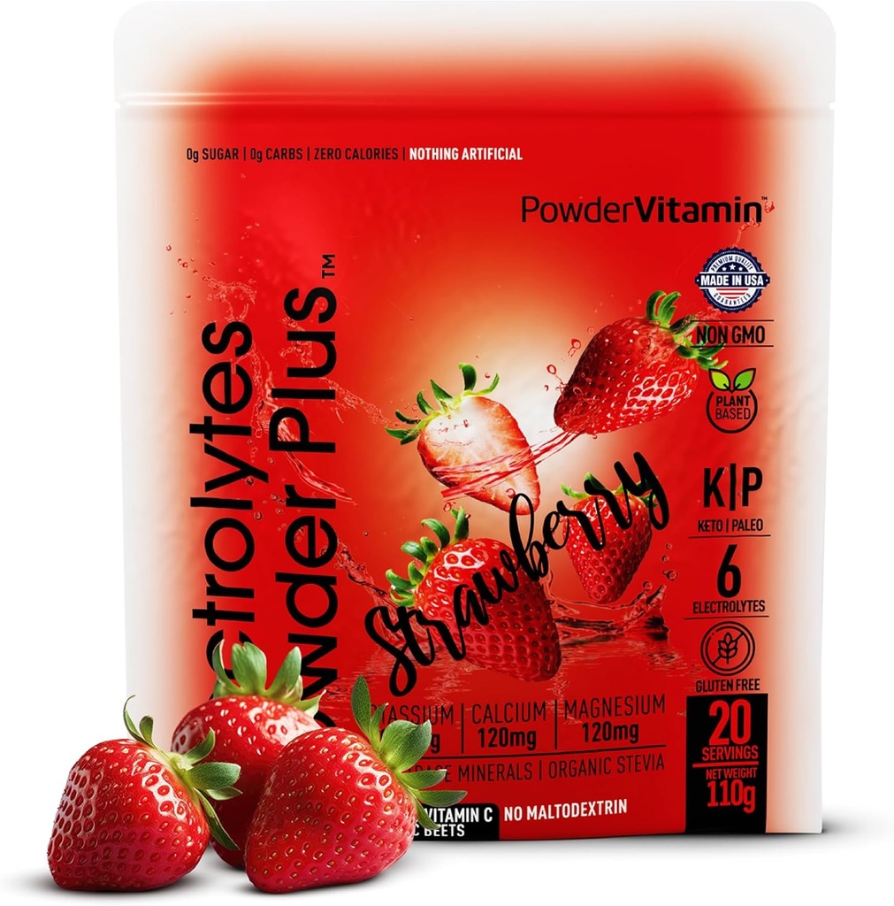 PowderVitamin の電解質の粉のプラス (20 のサービング) いちごの電解質の粉、Maltodextrin、Keto、Sugar の自由な、ピンク Himalayan の塩、1000mg カリウム、120mg マグネシウム、加水の粉無し