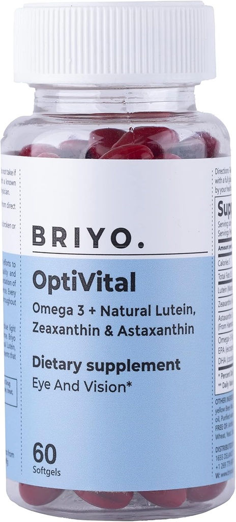 リテイン、ゼアキサンチン、アスタキサンチン、オメガ3のブリヨオプティヴィタール眼の健康補助食品 - 視覚的明快さ、画面疲労の軽減と長期レチナル健康をサポート - 1日、60 Softgels