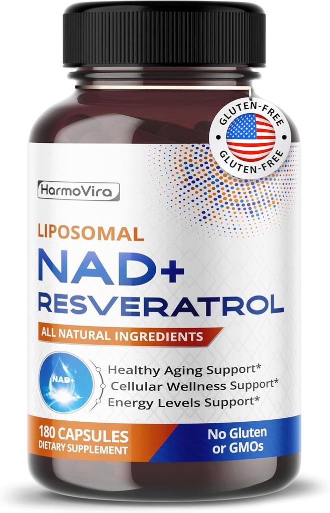 細胞エネルギーと健康な老化のためのレスベラトロール200mgとリポソームNAD + 600mg - 180カプセル - ビーガン、非GMO、米国製