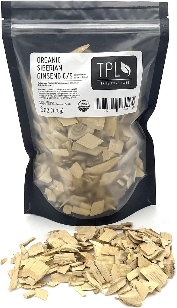 TPL Organic Siberian Ginseng Eleuthero Root Dried C/S 6Oz Premium Quality. Certified Organic. Gluten Free, Non GMO and Vegan