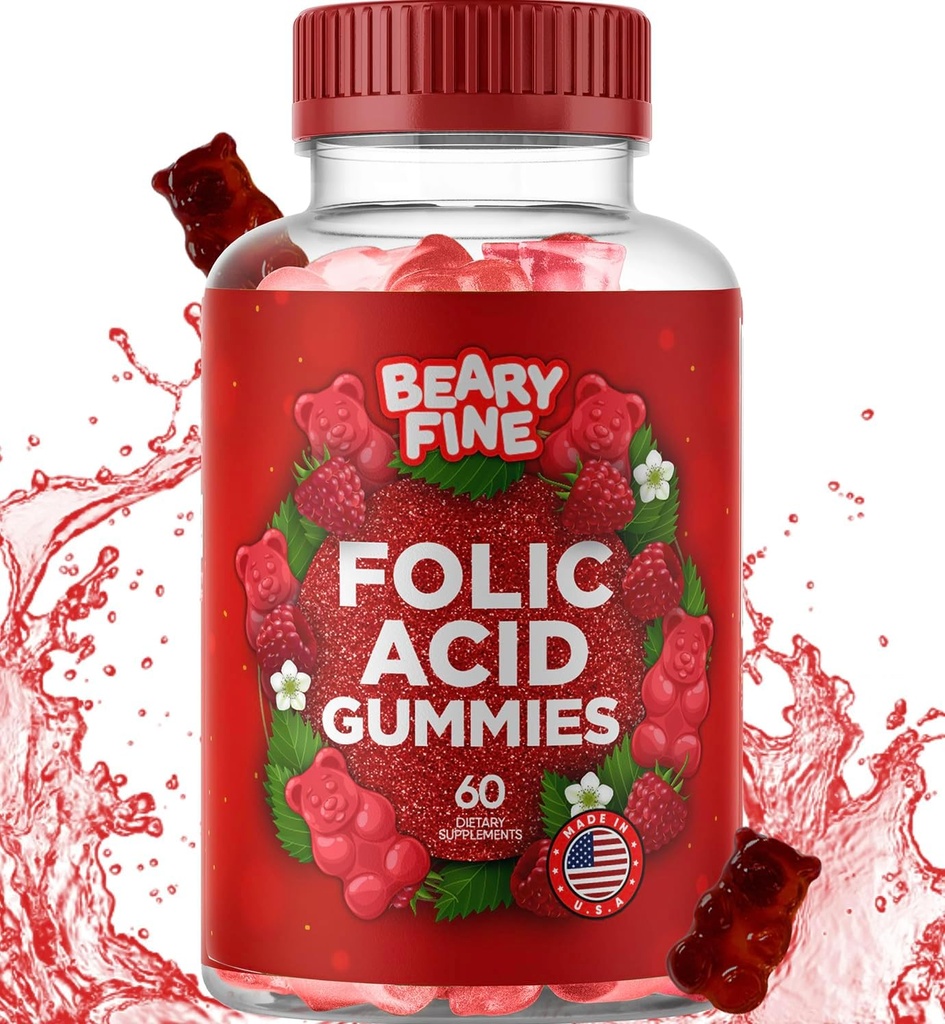 Folic Acid Gummies 400mcg - Essential Prenatal & Pregnancy Gummy for Women, Moms & Baby to Be - 60 Raspberry Flavored Folate Gummy Vitamins - Made in The USA