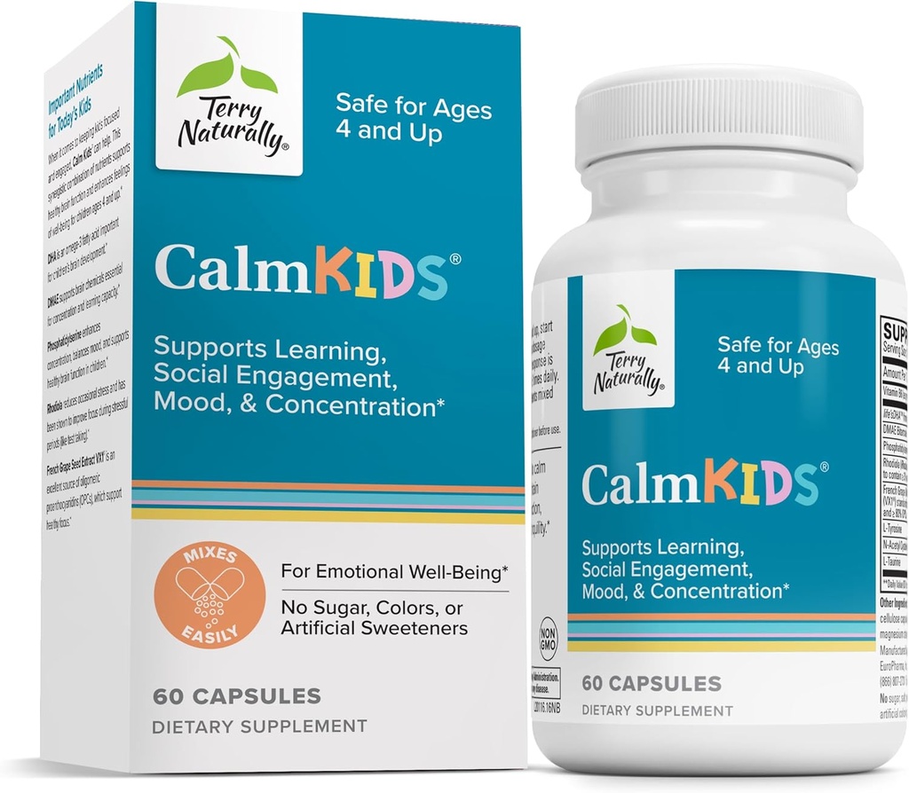 Terry Naturally Calm Kids - Calm Child Supplement - Brain Health for Focus, Memory & Concentration - Attention Supplement for Kids - Support Learning & Concentration - 60 Capsules