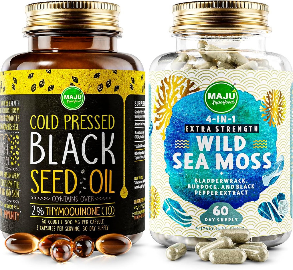 Maju Superfoods 4-in-1 Sea Moss Capsules and Black Seed Oil Capsules Bundle