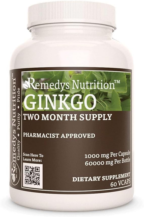 Remedy's Nutrition Ginkgo Biloba | 1,000 mg, 60 ビーガンカプセルハーブサプリメント | 2ヶ月の供給