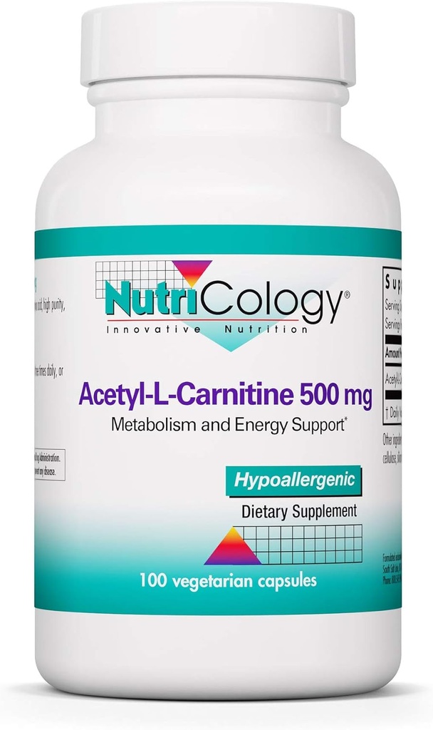 NutricologyのアセチルLカルニチン500mgの補足-Metabolismおよびエネルギー サポート、ALCの自由な形態のアミノ酸、ベジタリアン カプセル- 100の計算