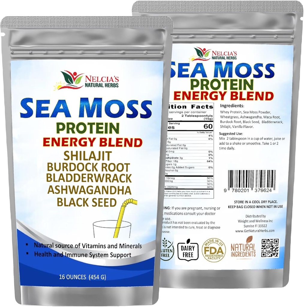 NELCIA'S NATURAL HERBS海苔アシワガンダプロテインパウダー -Natural Irish Sea Moss、BradderwrackとBurdock Root、ブラックシードとシラジットパウダー (16oz)