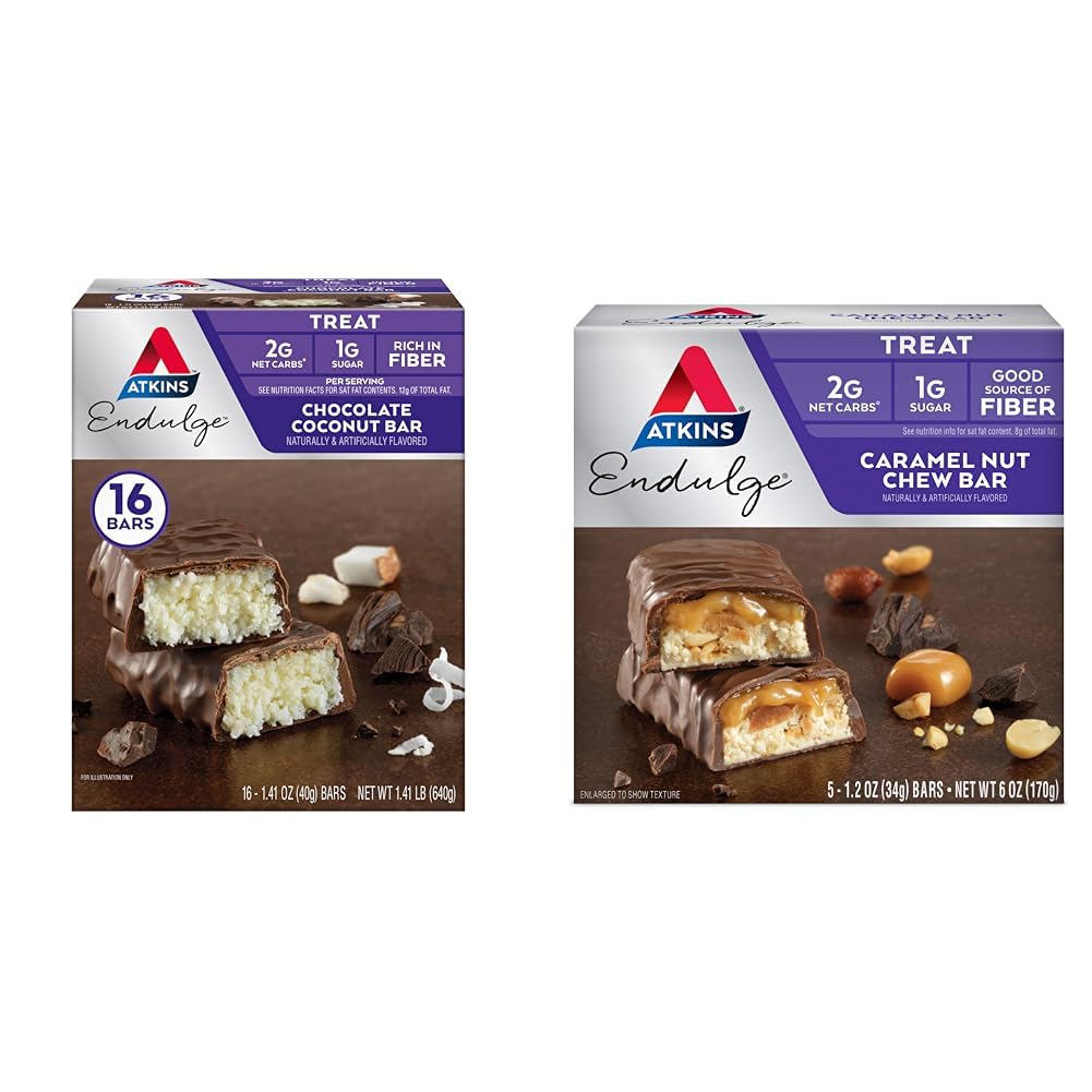 AtkinsのEndulgeのチョコレート ココナッツ棒16の計算及びキャラメルのナットの咀嚼棒5の計算の束