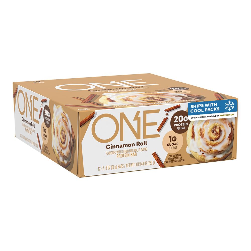 ONE Protein Bars, Cinnamon Roll, Gluten Free with 20g Protein and 1g Sugar, Pantry Staples, 2.12 oz (12 Count), Packaging May Vary