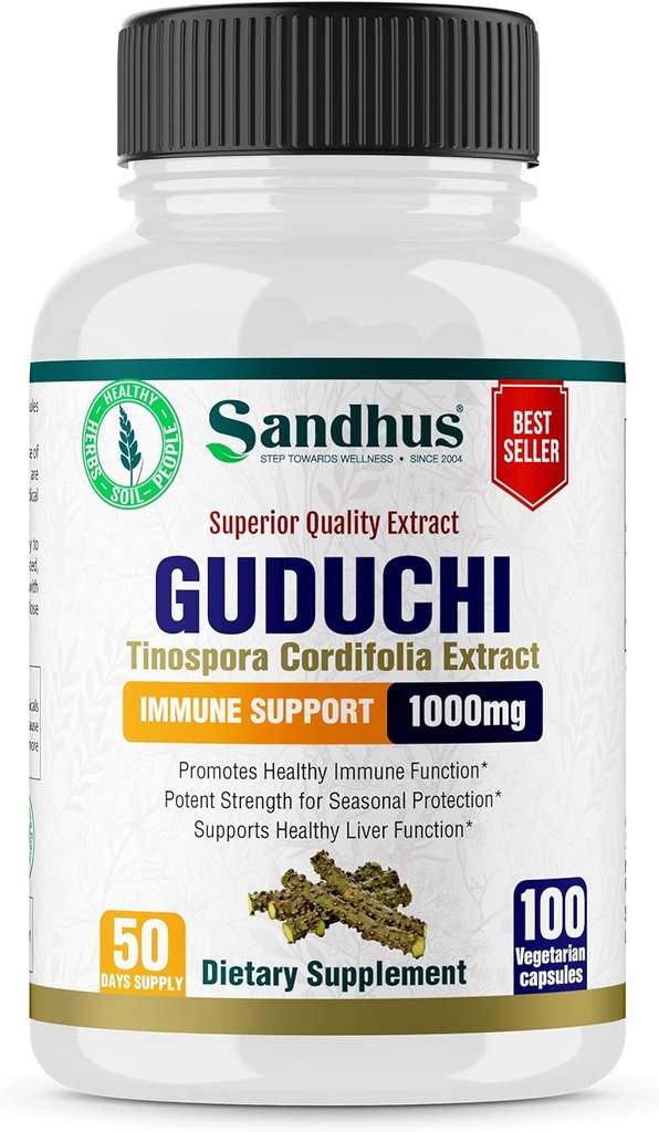 Sandhu's Guduchi (Tinospora Cordifolia) Giloy 100 ベジタリアンカプセル 免疫サポート 1000mg/サービング