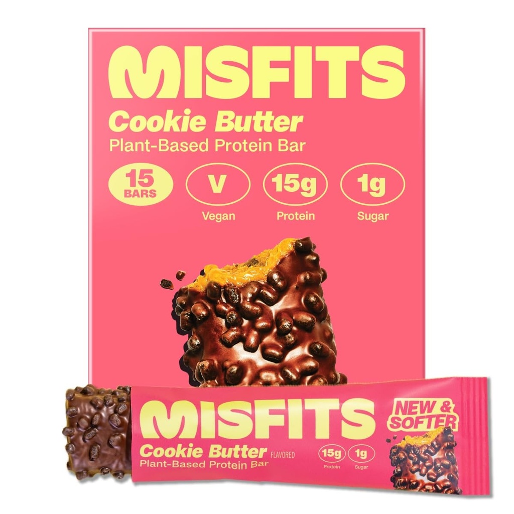 Misfits ビーガンプロテインバー, クッキーバター - 更新レシピ | プラントベース, 低砂糖 & 炭水化物, 高繊維スナック | パック 15