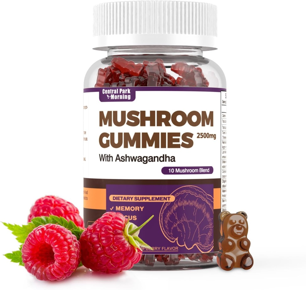 Mushroom Gummies 60pcs 10x Mushroom Supplement with Ashwagandha for Immune Health, Mood & Stress Support