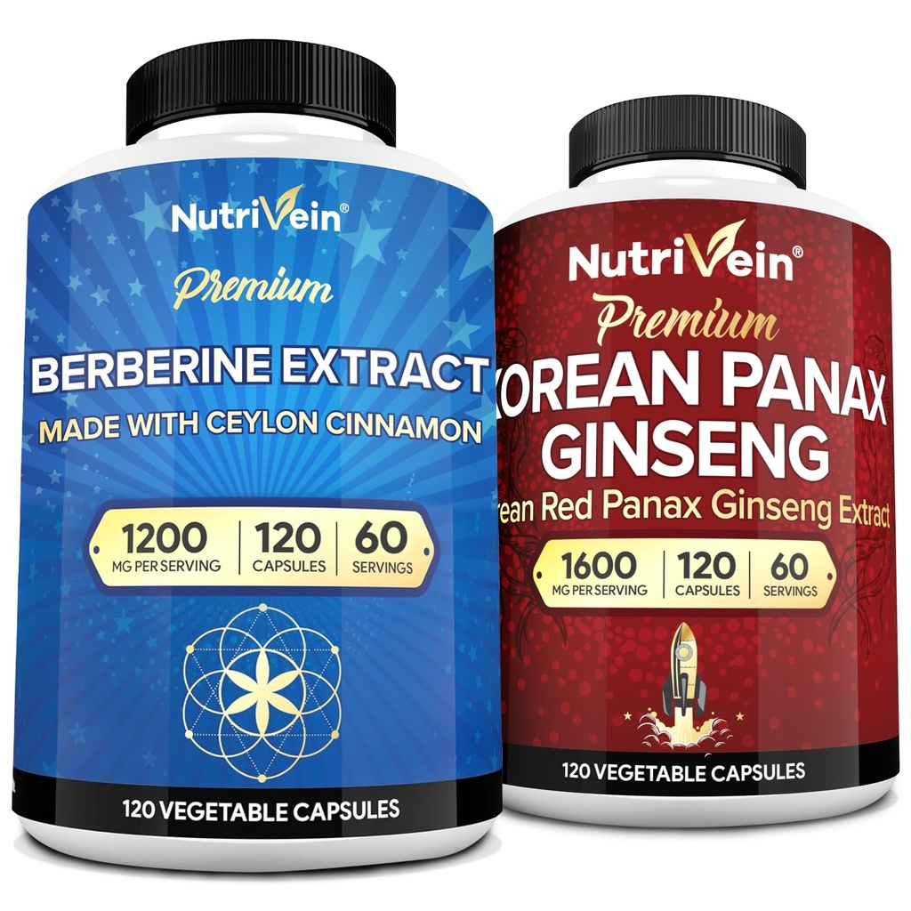 Nutriveinの優れた韓国のPanaxのGinsengの補足及びBerberineの補足の束:高吸収のBerberineのコンプレックス及び実質の赤いGinsengは毎日の明快さ、Vitalityおよびウェルネスのために束ねます