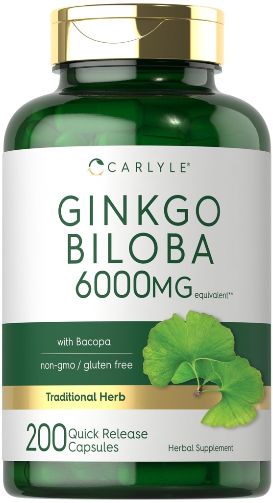 カルライル・イチョウ・ビロバ・ピル | 6000mg | 200カプセル | バコバエキス配合 | 余分強度・非GMO・グルテンフリーハーブサプリメント