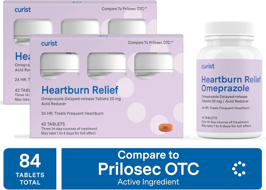 Curist Omeprazole 20mg Tablets Bulk Pack - 84Count Delayed-Release Tablets - Acid Reflux Medicine for Heartburn Relief (2 Pack of 42 Tablets - 84 Total)
