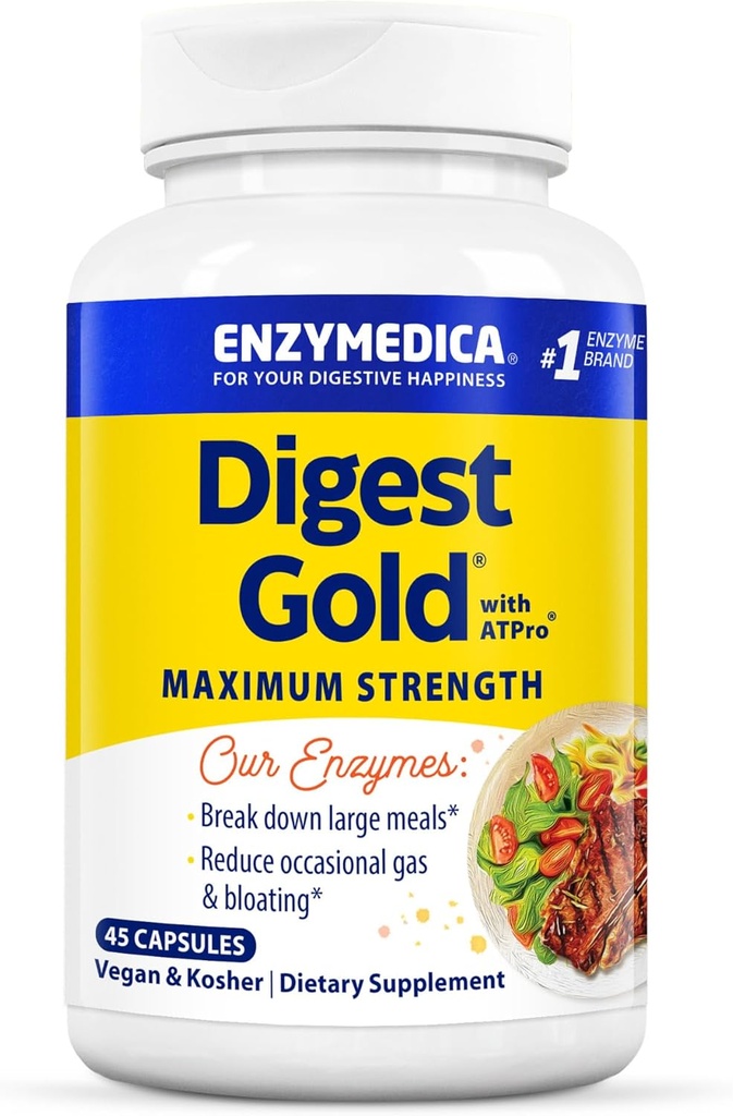 Enzymedica Digest Gold + ATPro, Maximum Strength Digestive Enzymes, Helps Digest Large Meals for Instant Bloating Relief, 45 Capsules