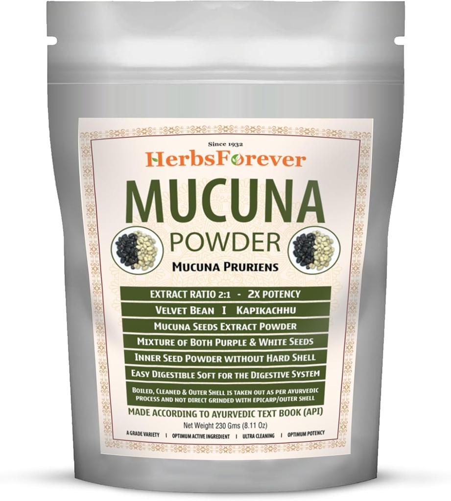 Herbsforever Mucuna Pruriensシードパウダー2X効力エキス(2:1) | パープル&イエローシードブレンド、ベルベットビーンズ、非GMO、ビーガン、230g | エネルギー、バイタリティ、および全体的なウェルネスをサポート
