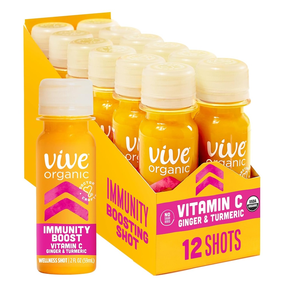 Vive Organic Vitamin C + Immune Support Shot, Cold-Pressed Turmeric, Ginger & Acerola Cherry, Gluten Free, ビーガン, 免疫ブーストビタミンC, 2 Fl Oz (パック 12)