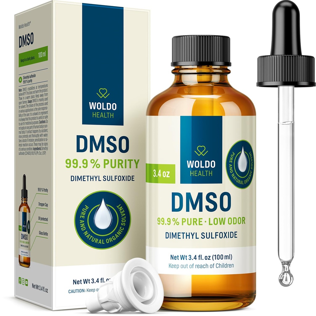 WoldoHealth DMSO 99.9%の薬剤の等級-FT-IRによって確認されるジメチルのスルホキシド、精密点滴器が付いているガラス ビンの低い臭気の溶媒(3.38のoz)