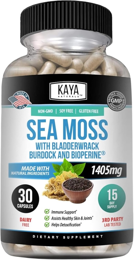 Kaya Naturals Sea Moss - 男性と女性のためのモビリティサプリメント - Burdock Root、アイリッシュモス、Bradderwrack、およびBioPerine - モビリティ健康と免疫ブースト、30カウント