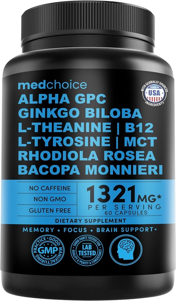 脳サポート、記憶および焦点のための12-in-1 NootropicのイチョウのBiloba - B12、アルファGPC、バイオペリン非カフェイン1321mg (60ct)のLのテアニンおよびコリンの補足
