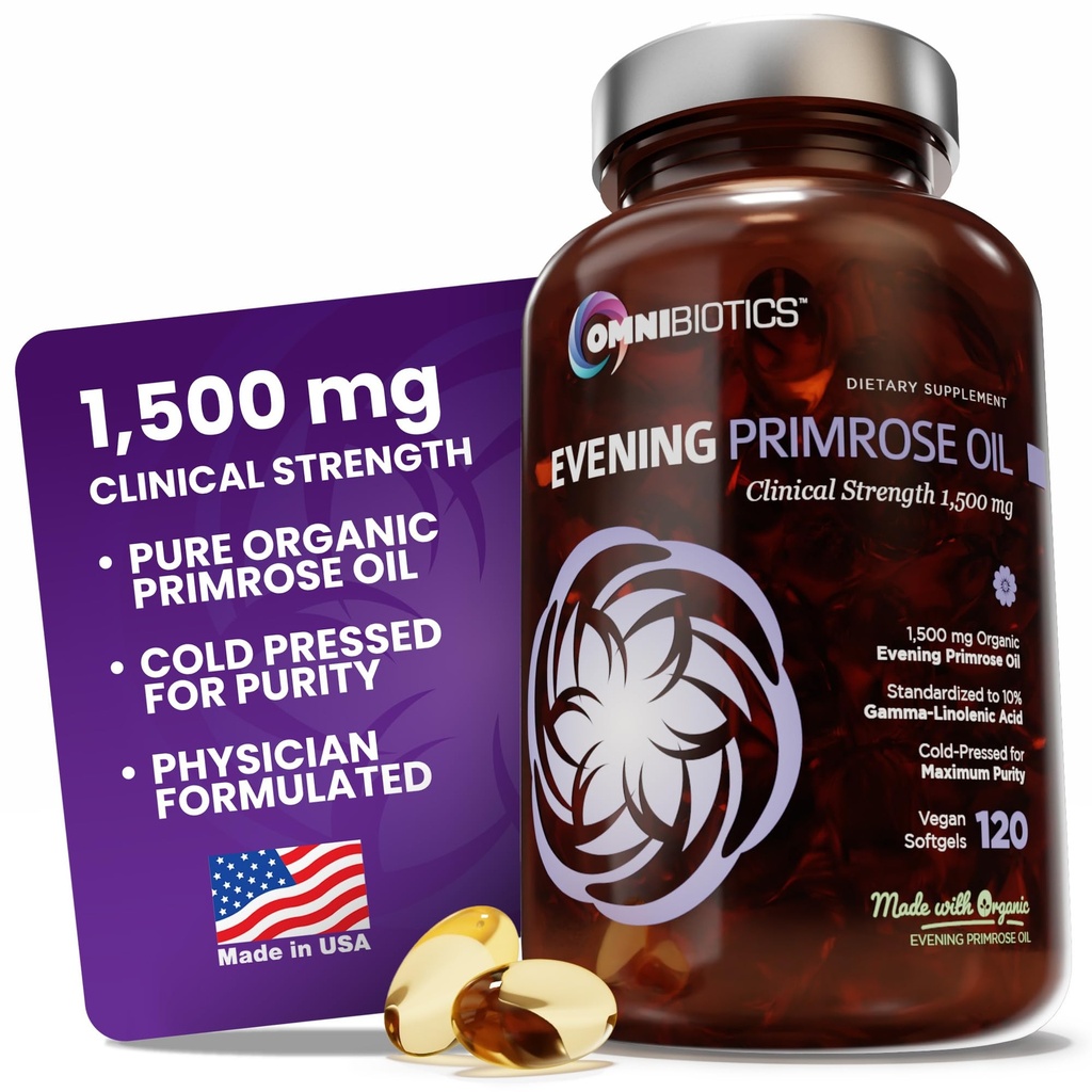 女性のためのOmniBioticsオーガニックイブニングプリマスオイル - カプセルあたり臨床強度1500mg、10% GLA、コールドプレス、非GMO、女性のためのホルモンバランス - 120ビーガンSoftgelカプセル