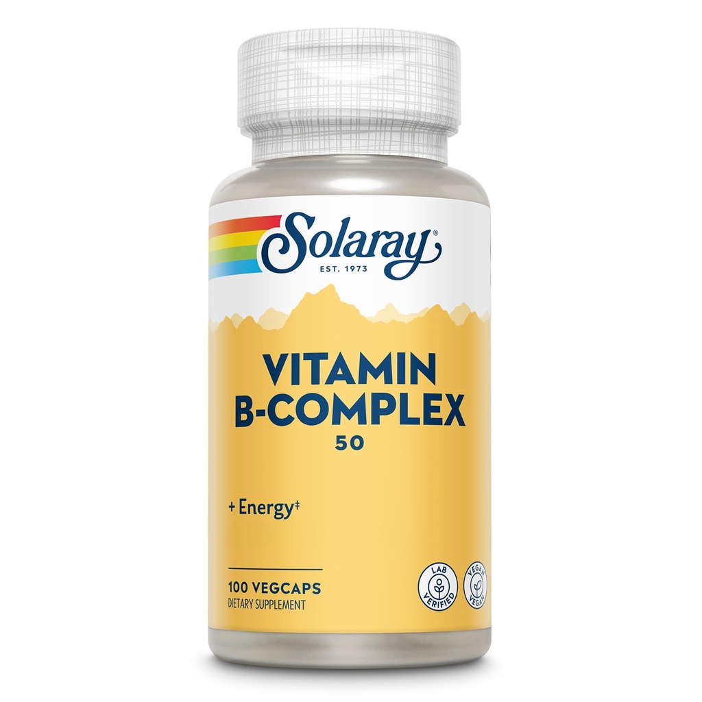 SOLARAYビタミンBコンプレックス50mg - 細胞エネルギービタミン - ビタミンB12、ビタミンB1、B6、ナイアシン、葉酸、ビオチンおよび他のBビタミン - ビーガン、100ベジキャップ