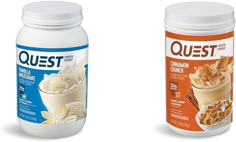Quest Nutrition Vanilla Milkshake Protein Powder, 24g of Protein, 1g of Sugar, Low Carb, Gluten Free, 3 Pound, 43サービング & Cinnamon Crunch Protein Powder, 20g Protein, 2g Net Carb, 1g Sugar