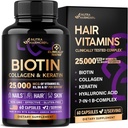 Biotin | Collagen | Hyaluronic Acid | Keratin - Clinically Tested Supplement - Hair Growth Support, Skin & Nails - 25000 mcg Vitamins B2, B3, B6 & B7 + B1 - Made in USA - Women & Men | 60 Capsules