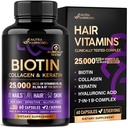 NUTRAHARMONY Biotin | コラーゲン | ヒアルロン酸 | ケラチン - 正常な毛の成長周期を支えて下さい - 皮及び釘 - 25000mcg ビタミンB1、B2、B3、B6及びB7 - のための米国で作って下さい | 60のカプセル