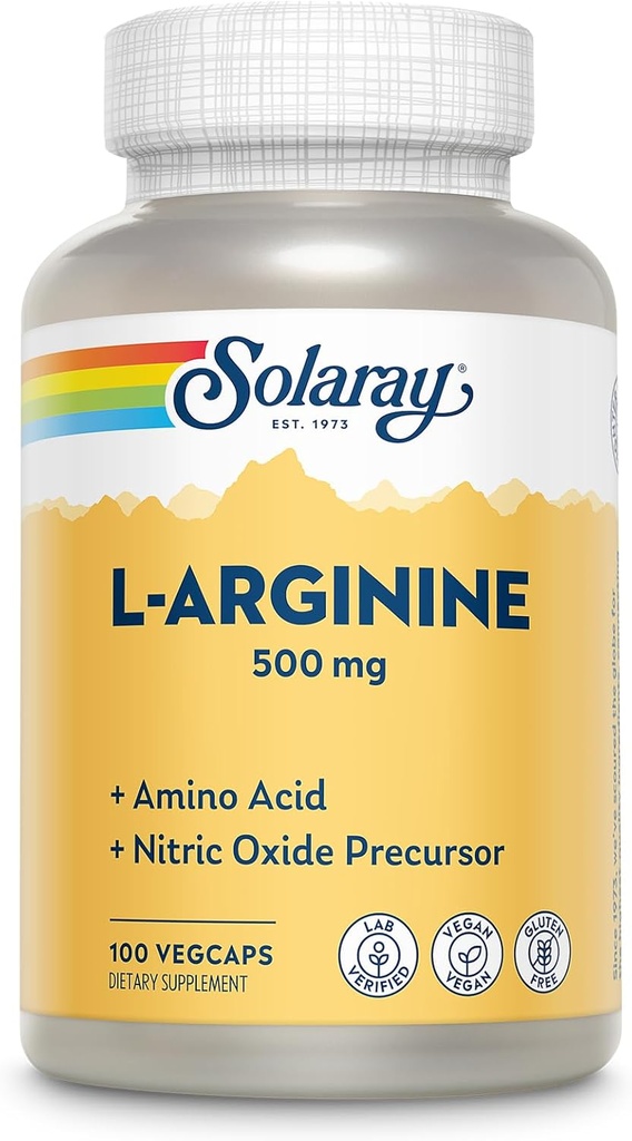 SOLARAY L-Arginine 500 mg, Nitric Oxide Supplement, Endurance, Energy, Heart Health Support, 100 Servings, 100 VegCaps