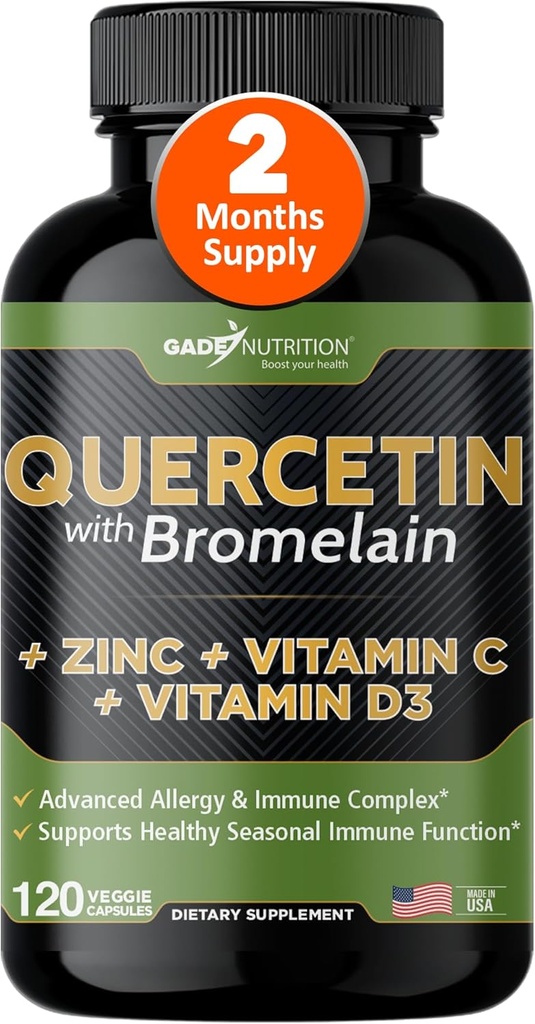 Gade Nutrition Quercetin with Bromelain Vitamin Cと亜鉛ビタミンD3 | カプセルの免疫サポートサプリメント | 非GMO、グルテンフリー、ビーガン | アメリカ製 | 2ヶ月の供給