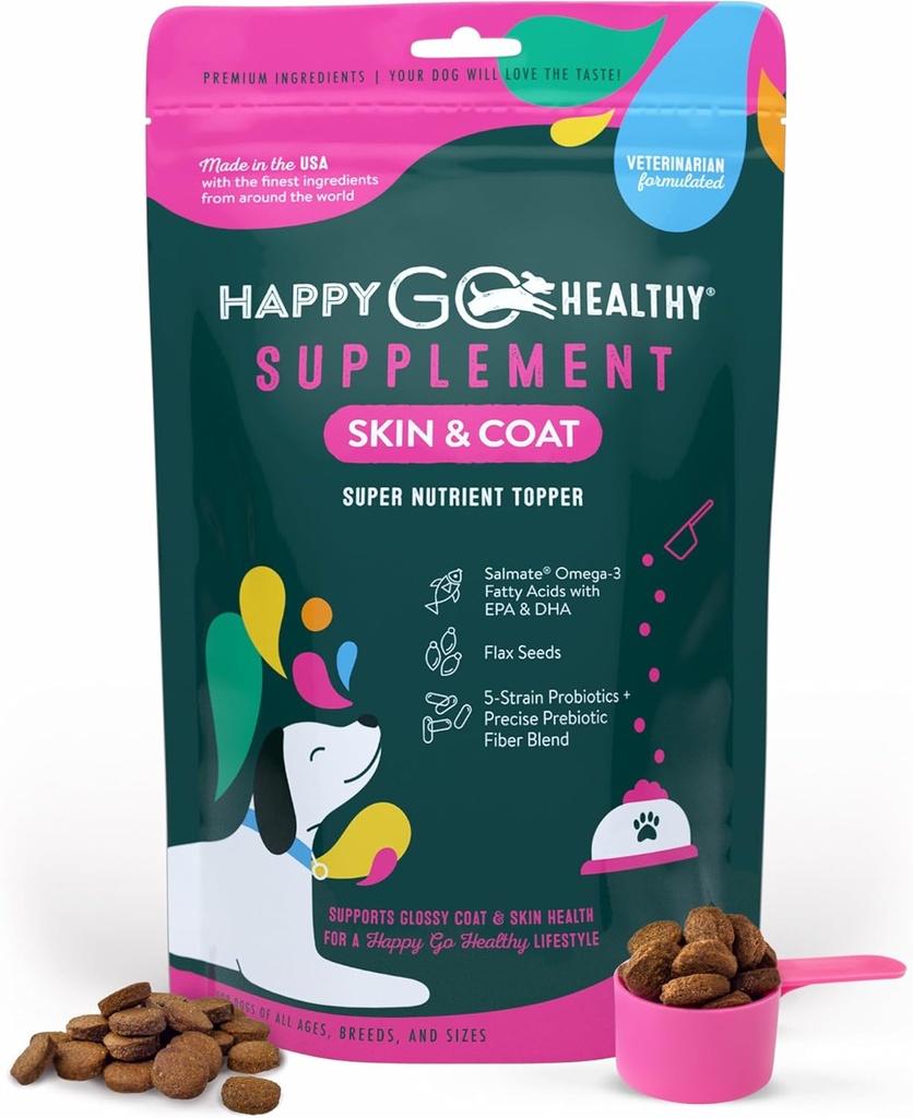 犬用スキン&コートサプリメント | 犬の痛みの皮膚の軽減と犬の光沢の皮膚のコートを促進 | オメガ3の全天然成分おいしいキブルドッグフードトッパー | 60カウントパック