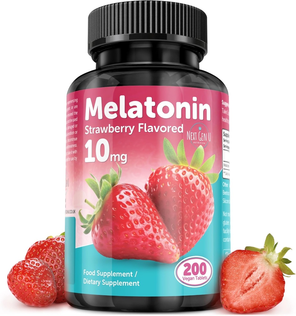 Melatonin Tablets - 10 mg Dietary Supplement - Strawberry Flavored - 200 Vegan Tablets - by NextGenU
