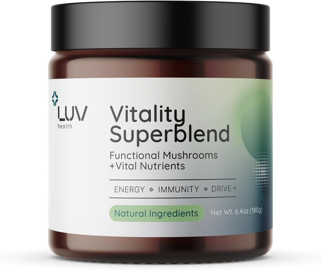 LUV健康バイタリティSuperblend:キノコサプリメント - カカオ、ライオンのマネ、コルディセプ、Reishi、緑茶、およびターメリック - エネルギー、フォーカス&毎日のウェルネスサポートビーガン、30サービング