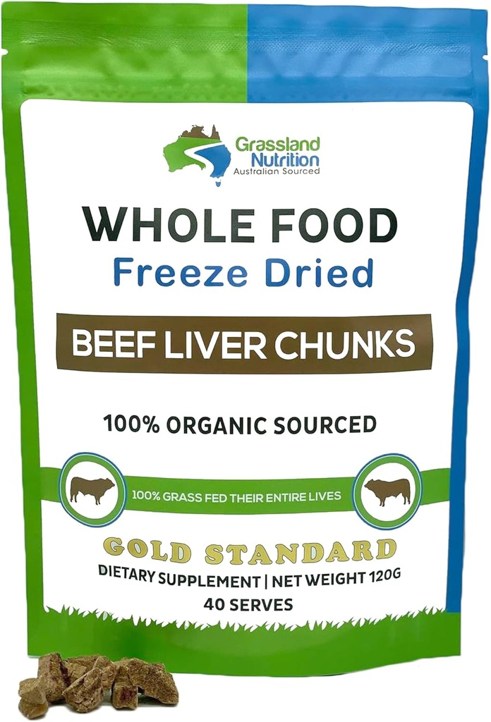 GRASSLAND NUTRITION Organic Liver Freeze Dried Chunks — High in Natural Iron, Vitamin A, B12 for Energy (120g)
