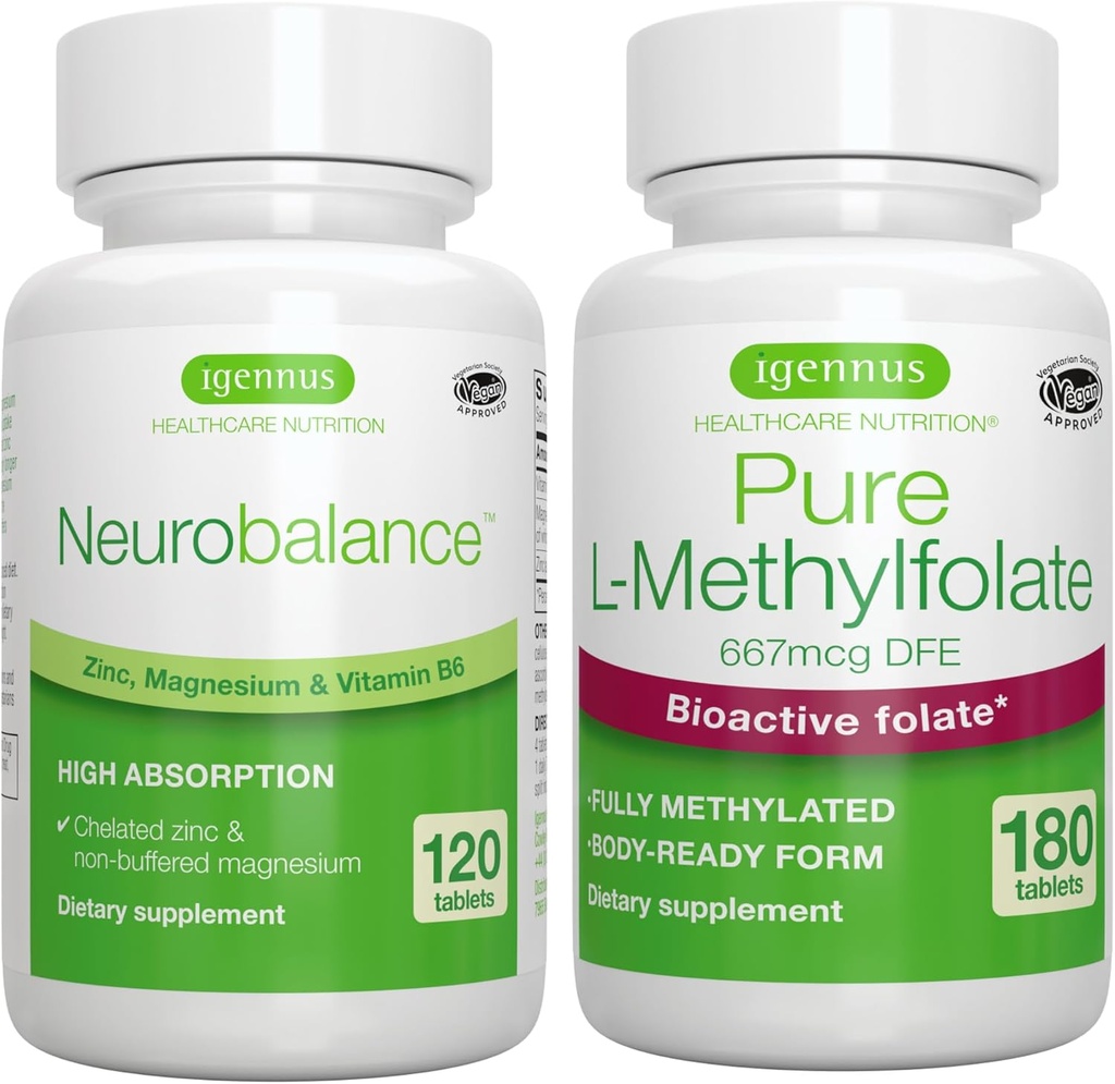 Neurobalance亜鉛、マグネシウム&ビタミンB6 +純粋な葉酸400mcgビーガンバンドル、Chelated亜鉛ピコリン酸塩24mg、酸化物フリーマグネシウム&ビタミンB6 + IgennusによるL-メチルフォレートの最適化