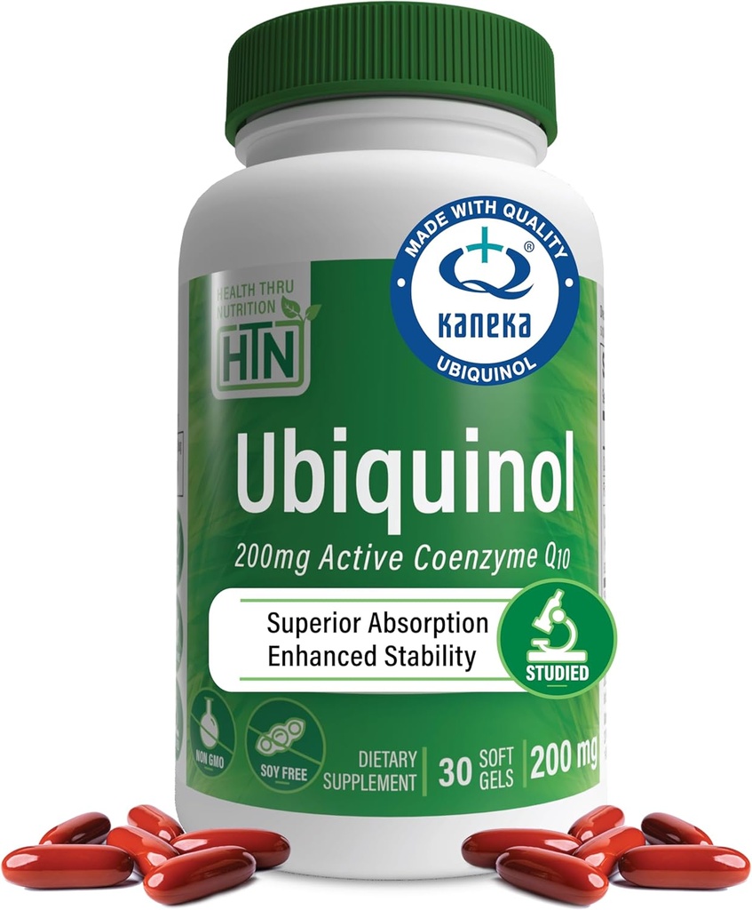 Health Thru Nutrition Ubiquinol 200mg 30 Softgels as Kaneka QH Reduced CoQ-10 | Stabilized - 3rd Party Tested | Enhanced Bioavailability | Cardiovascular & Mitochondria Function Support | Non-GMO