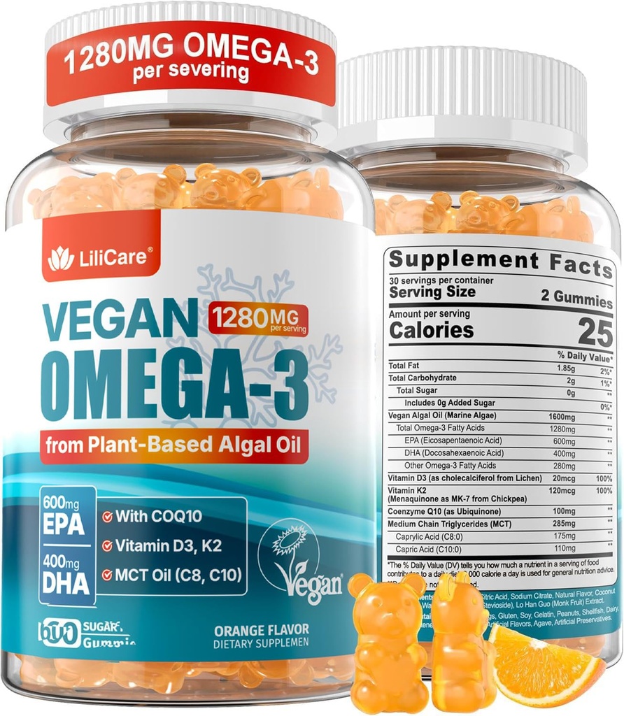 ビーガンオメガ3グミー1280mg + COQ10 +ビタミンD3 K2(MK7)、オメガ3フィッシュオイル大人用代替w / EPA 600mg DHA 400mg&MCT マリン藻、脳、目、免疫、1パックのための油、魚の味無し