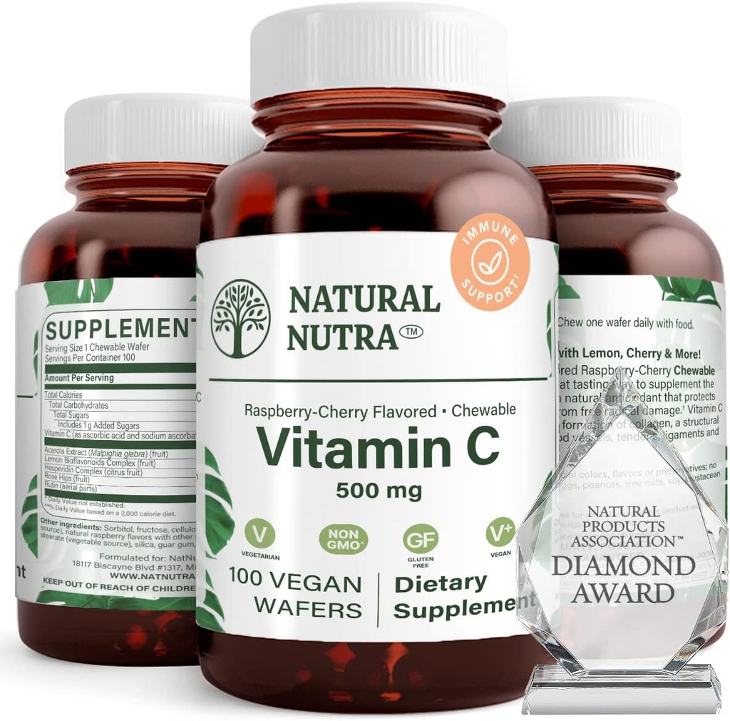 Natural Nutra Vitamin C Supplement for Kids and Adults, Immune Booster, Helps Supports Bone Health, Protect Skin and Heart Health, Vegetable Source, 500 mg, 100 Vegan Wafers