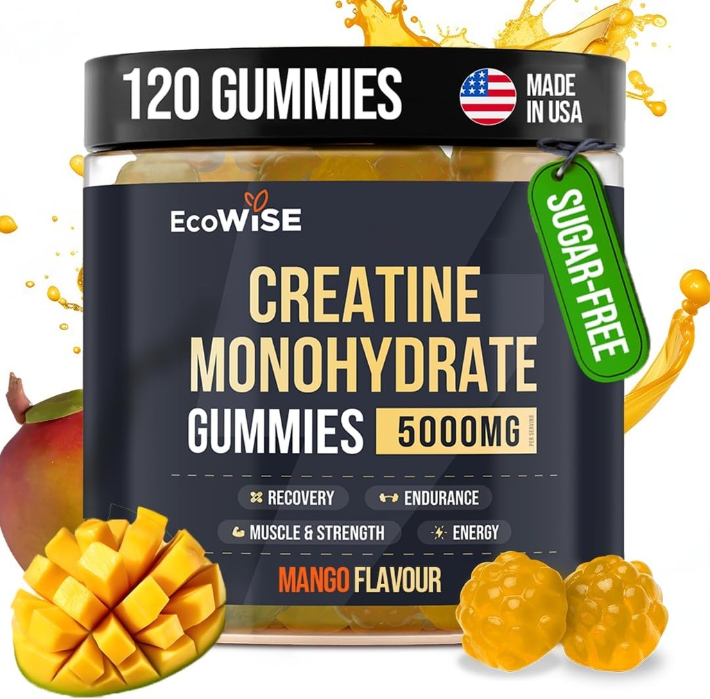 EcoWiseウェルネスクレアチンモノハイドグアミー5000mg、マンゴーフレーバー、120砂糖フリービーガンチュー、毎日のルーチンのためのクレアチンサプリメント