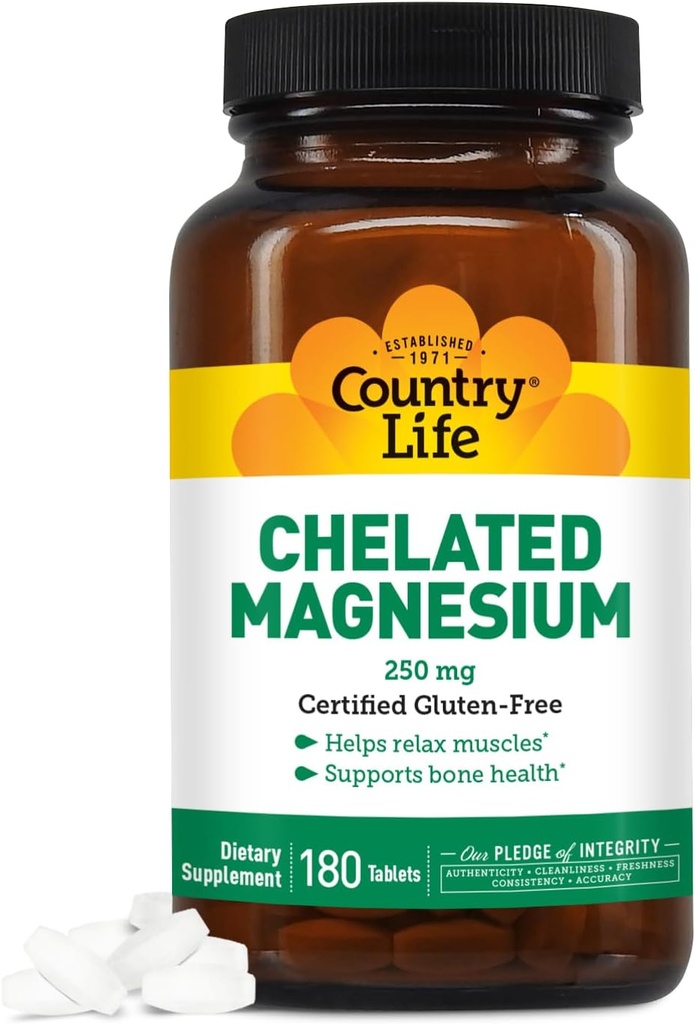 Country Life Chelated Magnesium 250mg - Supports Heart, Bone & Muscle Health, Vegan-Friendly Magnesium Supplement with Magnesium Oxide and Amino Acid Chelate, Gluten-Free