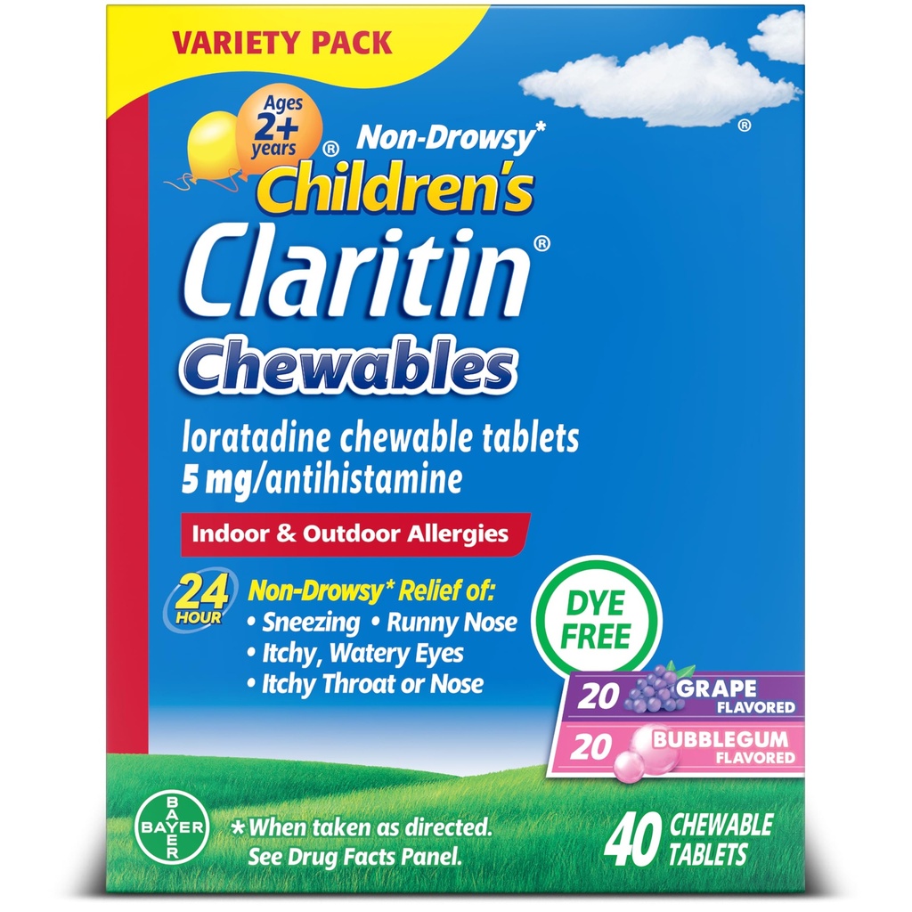 Claritinの子供のアレルギーの薬、24時間非眠気Loratadine 5mgのChewableのタブレット、子供のためのAntihistamineは2歳から2歳、ブドウ及び泡のガムの味、40のタブレットを老化させます