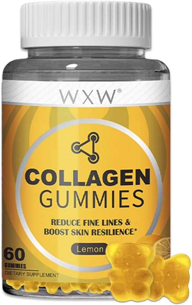 WXW Hydrolyzed Collagen Peptides Gummies for Women, Non-GMO Anti-Aging Formula with Biotin, Zinc, Vitamins C & E for Hair, Skin and Nails | 60ct,Lemon Flavor