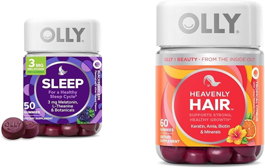 OLLY Sleep Gummy with Melatonin, L-Theanine, Botanicals, BlackBerry Flavor, 50 Count & Heavenly Hair Gummy with Keratin, Biotin, AMLA, Tropical Orange Flavor, 60 Count Bundle