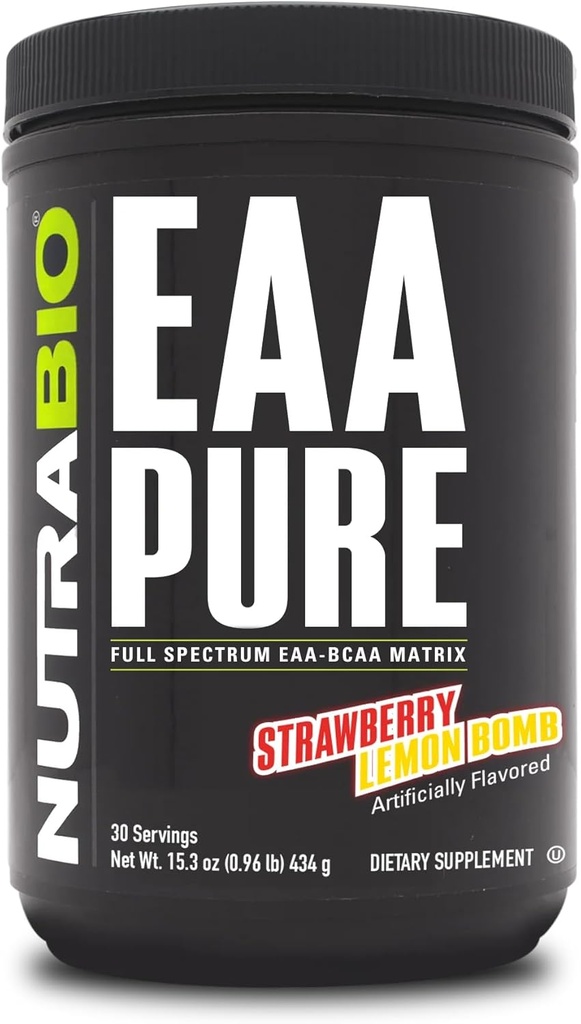 NutraBio – EAAピュア – 9 アミノ酸 – 筋肉の修復と回復, 30 サービング, ストロベリーレモン爆弾 – プレまたはポストワークアウト – 全日回復